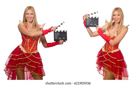 Woman With Movie Clapperboard Isolated On White