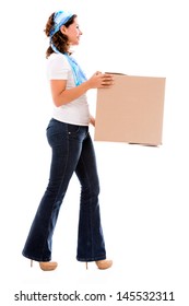 Woman Moving House And Carrying A Box - Isolated Over White 