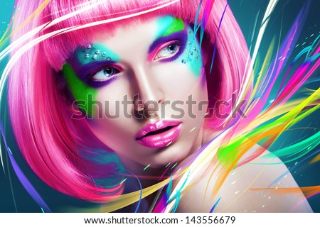woman with multi lines and pink wig