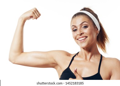 Woman Muscles Her Arms Smiling Camera Stock Photo 1452183185 