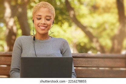 Woman, Music Earphones Or Laptop In Park, Nature Environment Or London City Garden. Smile, Happy Or Relax Student On Technology In Distance Learning Education, Zoom Video Call Or Campus College Break