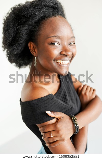 Woman Natural Makeup Afro Hair Laughing Stock Photo Edit Now