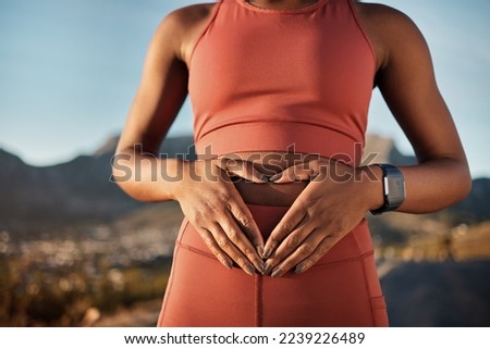 Woman, nature fitness or hands on stomach in diet wellness, body healthcare or abs muscle growth in workout training or sunrise exercise. Zoom, sports athlete or person, belly digestion or strong gut