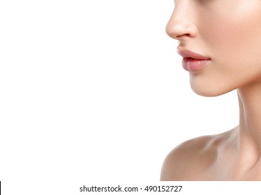 Woman neck shoulder lips nose 