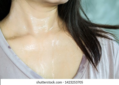 Woman Neck Sweat Skin Closeup 