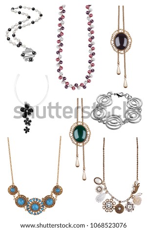 Woman necklace collection, with beads and semiprecious stones, fashion items isolated on white background, clipping paths included