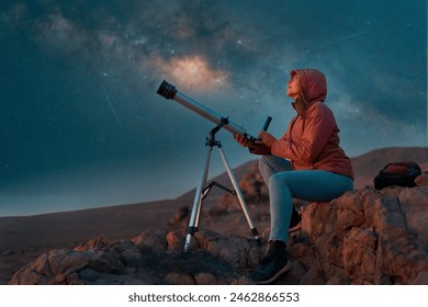 woman next to a telescope observing the night sky in the desert