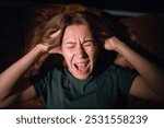 woman at night having anxiety and screaming while having nightmares, sleep disorder and panic attack