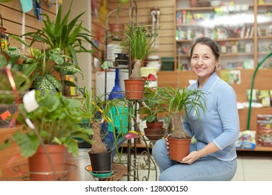 Woman With Nolina Plant In Flower Store