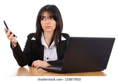 Woman Not Interested In The Person On The Phone, Holding Telephone Away.