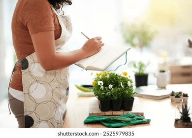 Woman, nursery and flowers with notes as florist for gift, garden and home decor in sustainability. Female person, greenhouse and notebook for inventory, botany and small business in quality control - Powered by Shutterstock