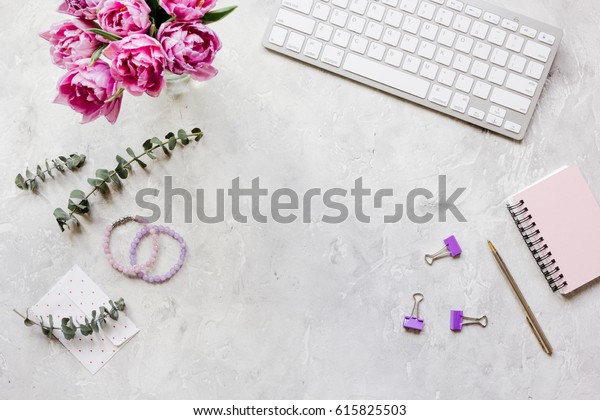 Woman Office Desk Flowers On White Stock Photo Edit Now 615825503