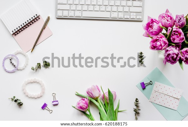 Woman Office Desk Flowers On White Stock Photo Edit Now 620188175