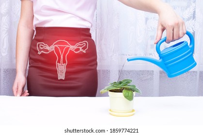 A woman in the office waters a flower from a watering can. Urinary and reproductive system diseases concept, urinary incontinence, bladder problems, Inflammation