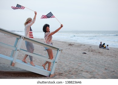 Woman On The 4th Of July At The Beach With USA Flags American Youth Concepts