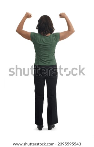 woman on back with both arms raised doing biceps on white background