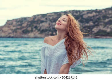 Woman On The Beach Taking Deep Breath Enjoying Fresh Air Freedom 