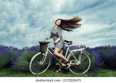 Woman On Bicycle On Lavender Field Windy Hair