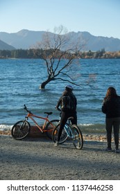 Woman On Bike By Lake Wanaka In New Zealand