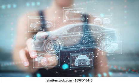 Woman on blurred background holding and touching holographic smart car interface projection 3D rendering - Powered by Shutterstock