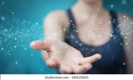 Woman on blurred background using floating digital network connections with dots and lines 3D rendering - Shutterstock ID 1405159655