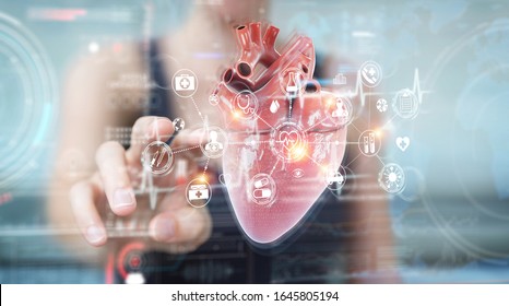 Woman On Blurred Background Using Digital X-ray Of Human Heart Holographic Scan Projection 3D Rendering