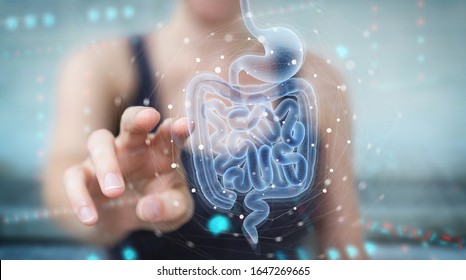 Frau auf unscharfem Hintergrund mit digitaler Röntgenaufnahme der holografischen 3D-Darstellung des menschlichen Darms
