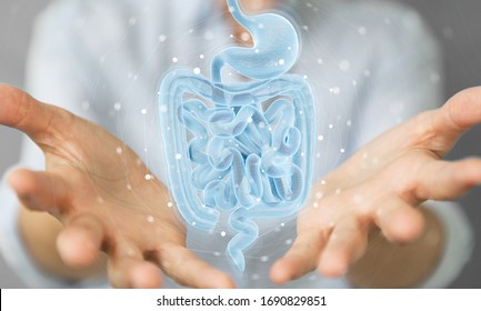 Woman on blurred background using digital x-ray of human intestine holographic scan projection 3D rendering