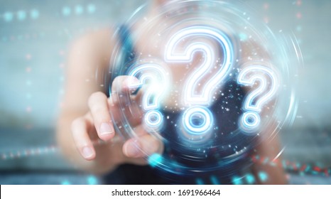 Woman on blurred background using digital question marks holographic interface 3D rendering