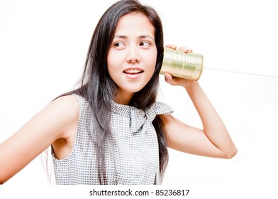 woman on call with tin can phone