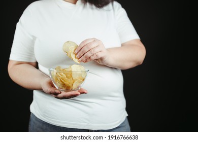 Woman On Diet Can't Resist Craving To Eat Potato Chips. Food Addiction, Diet Breakdown, Compulsive Overeating Concept