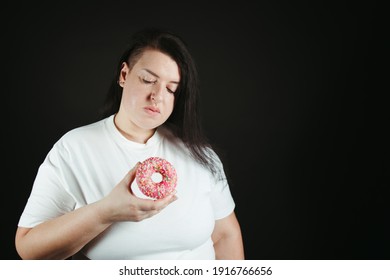 Woman On Diet Can't Resist Craving To Eat Tasty Sweet Doughnut. Food Addiction, Diet Breakdown, Compulsive Overeating Concept