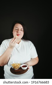 Woman On Diet Can't Resist Craving To Eat French Fries. Food Addiction, Diet Breakdown, Compulsive Overeating Concept