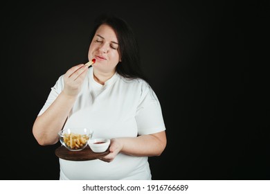 Woman On Diet Can't Resist Craving To Eat French Fries. Food Addiction, Diet Breakdown, Compulsive Overeating Concept