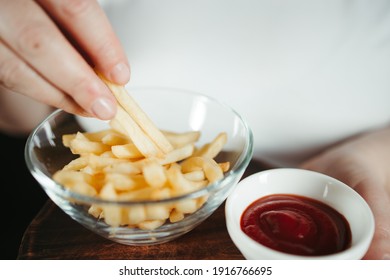 Woman On Diet Can't Resist Craving To Eat French Fries. Food Addiction, Diet Breakdown, Compulsive Overeating Concept