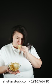 Woman On Diet Can't Resist Craving To Eat Potato Chips. Food Addiction, Diet Breakdown, Compulsive Overeating Concept