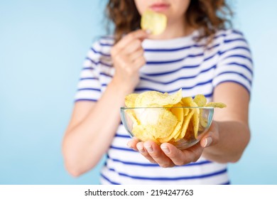 Woman On Diet Can't Resist Craving To Eat Potato Chips. Food Addiction, Diet Breakdown, Compulsive Overeating Concept