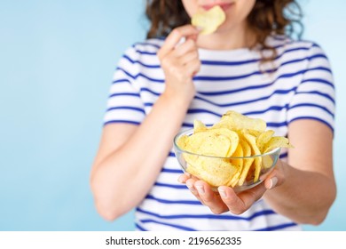 Woman On Diet Can't Resist Craving To Eat Potato Chips. Food Addiction, Diet Breakdown, Compulsive Overeating Concept