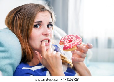 Woman On Diet Caught During Eating Unhealthy Donut