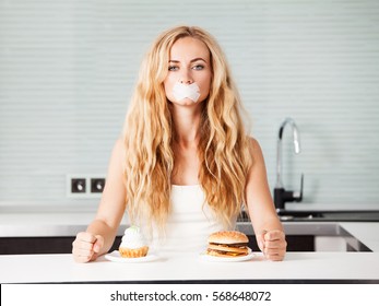 Woman On A Diet. Girl With Mouth Sealed Looking For Food