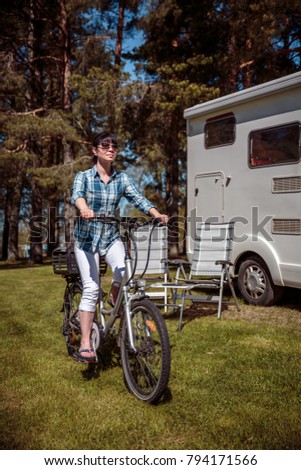 Similar – Image, Stock Photo Woman walking up ladder to tent over car