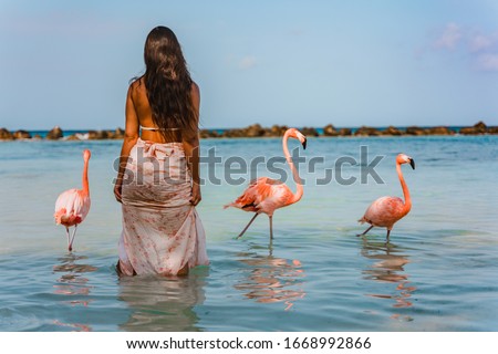 woman on her back on the beach with flamingos