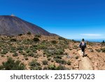 Woman on hiking trail to summit Riscos de la Fortaleza with scenic view on volcano Pico del Teide, Mount Teide National Park, Tenerife, Canary Islands, Spain, Europe. Via La Canada de los Guancheros