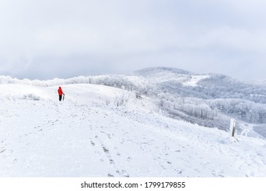 Woman On Max Patch Appalachian Trail In Winter 