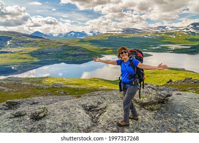 Woman on a mountain with a backpack watching the nice view with  mountains in the background, Stora sjöfallets nationalpark, Swedish Lapland, Sweden