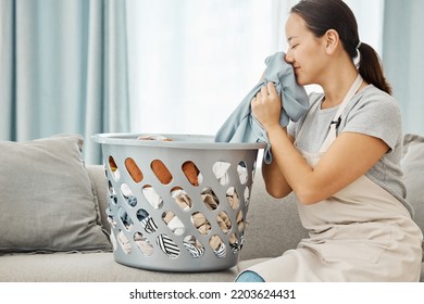 Woman On Sofa Smell Clean Laundry At Home, In Living Room While Cleaning Or Doing Housekeeping. Lady Smile On Couch With Washing Basket In Lounge, Sniff Fresh Fabric Or Clothes In House.