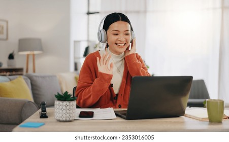 Woman on video call with work from home laptop, headphones and virtual international online meeting. Hello, wave and asian person in China in webinar for remote working or global update in computer - Powered by Shutterstock