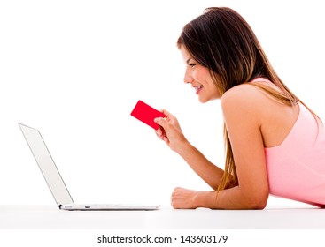 Woman Online Shopping With Her Laptop - Isolated Over White