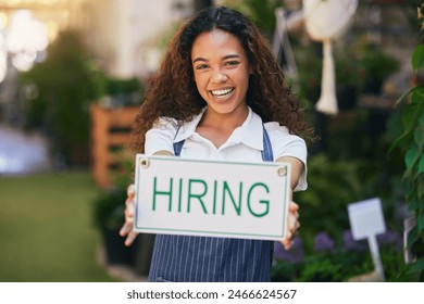 Woman, open sign and portrait in shop with flowers for small business, welcome and startup for florist service. Entrepreneur girl, opening time and signage in nursery for advertising and plant store - Powered by Shutterstock