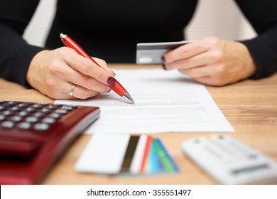 Woman Is Opening Bank Account And Checking  Credit Card Information